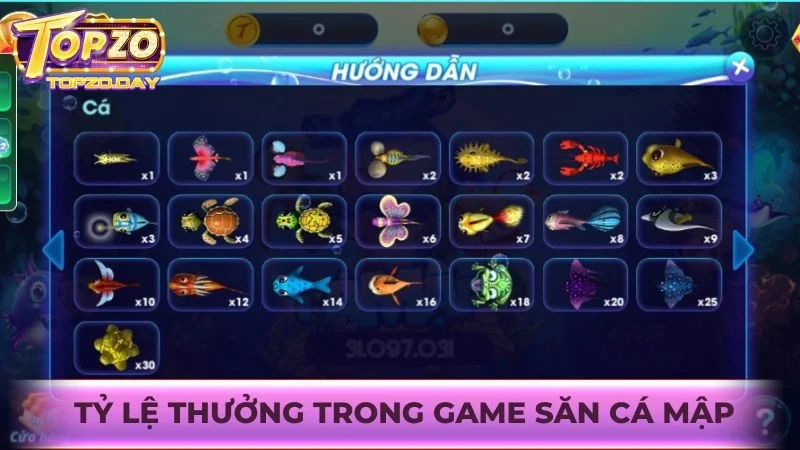 Tỷ lệ thưởng từ các loại cá nhỏ khi Săn cá mập tại cổng game